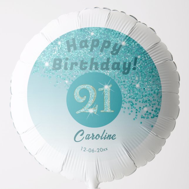 Beautiful Teal Blue Glitter 21st Birthday Party Balloon (Front)