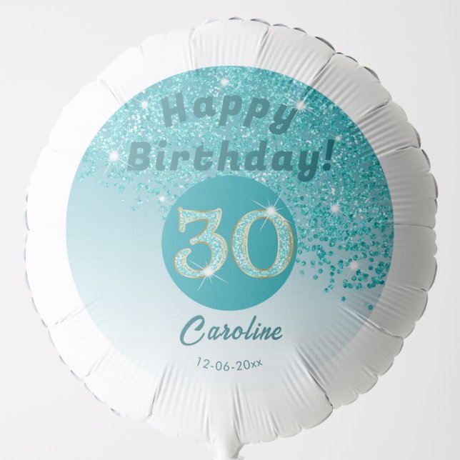 Beautiful Teal Blue Glitter 30th Birthday Party Balloon (Front)