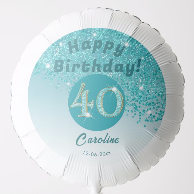 Beautiful Teal Blue Glitter 40th Birthday Party Balloon (Front)