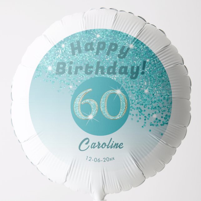 Beautiful Teal Blue Glitter 60th Birthday Party Balloon (Front)