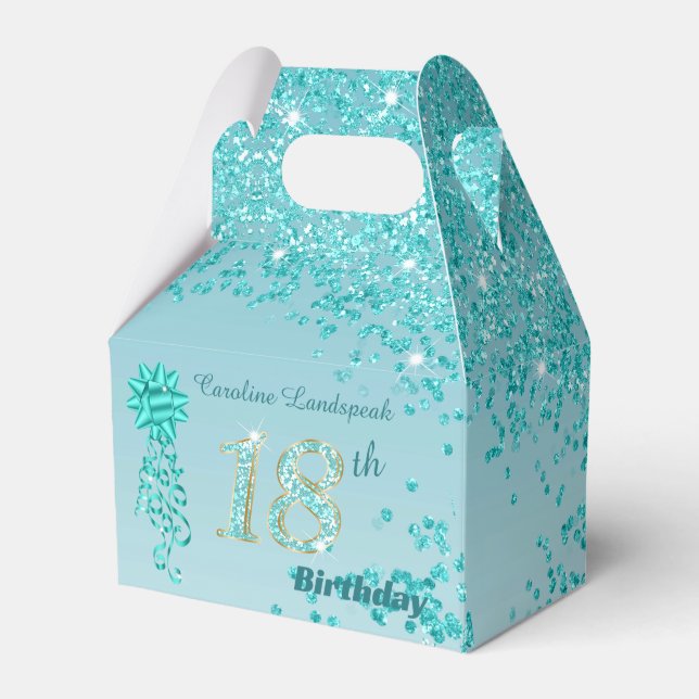 Beautiful Teal Blue Glitter Ribbon 18th Birthday Favor Boxes (Front Side)