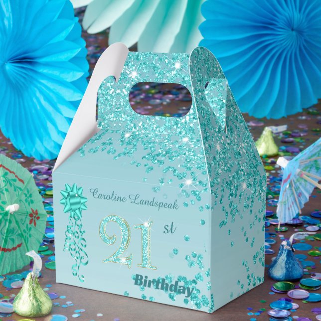 Beautiful Teal Blue Glitter Ribbon 21st Birthday Favor Boxes (Party)