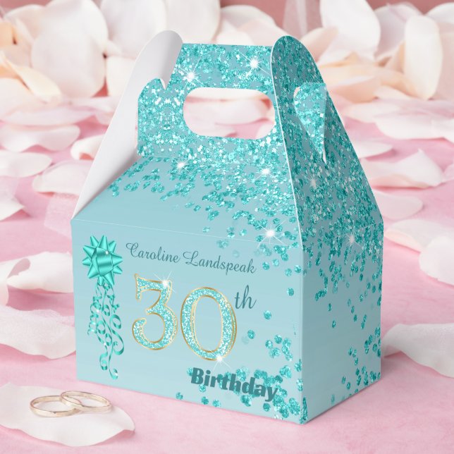Beautiful Teal Blue Glitter Ribbon 30th Birthday Favor Boxes (Wedding)