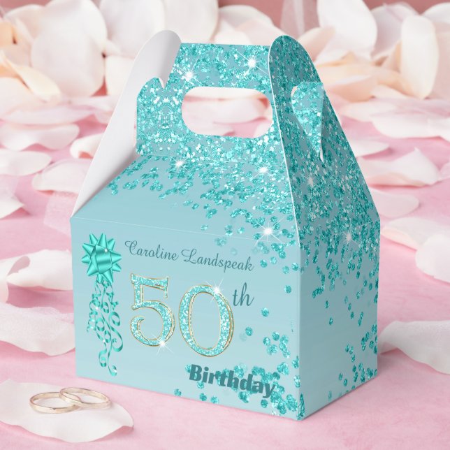 Beautiful Teal Blue Glitter Ribbon 50th Birthday Favor Boxes (Wedding)