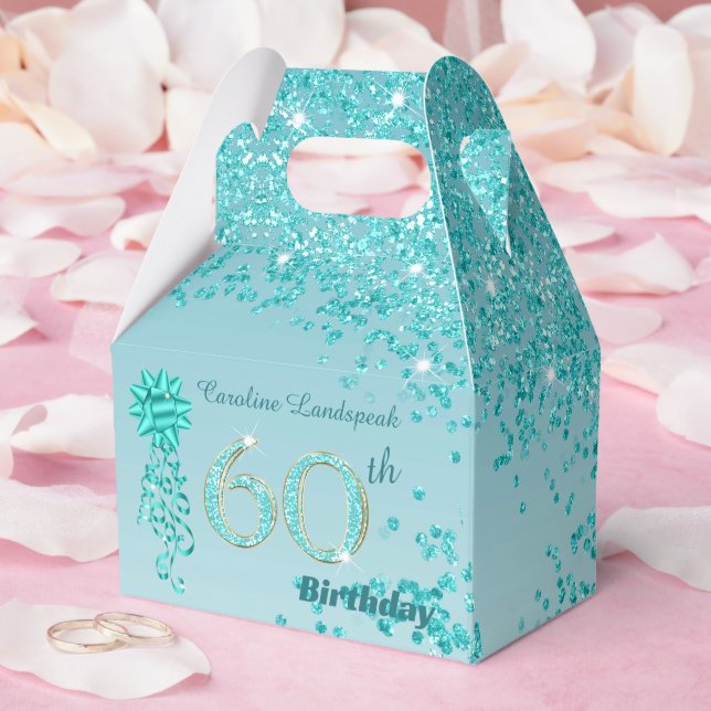Beautiful Teal Blue Glitter Ribbon 60th Birthday Favor Boxes (Wedding)
