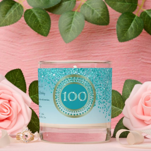 Beautiful Teal Blue & Gold Glitter 100th Birthday Scented Candle (Wedding)