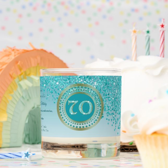 Beautiful Teal Blue & Gold Glitter 70th Birthday Scented Candle (Birthday)
