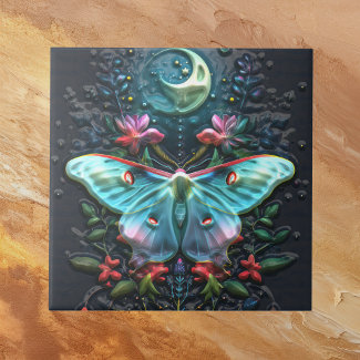 Beautiful Teal Blue Green Luna Moth Moon n Flowers