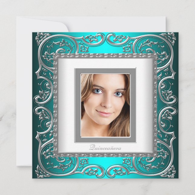 Beautiful Teal Blue Photo Quinceanera Invitation (Front)
