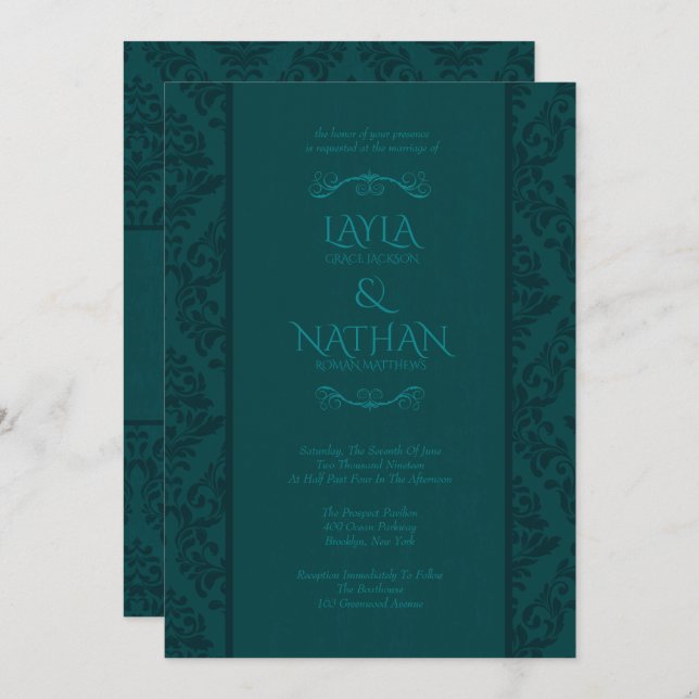 Beautiful Teal Damask Wedding Invitations (Front/Back)