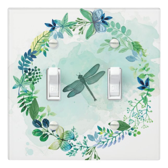 Beautiful Teal Dragonfly Butterfly Flowers Light Switch Cover (In Situ)