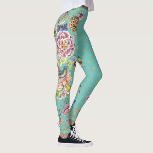 Beautiful Teal Floral Butterfly Chinoiserie Mix Leggings