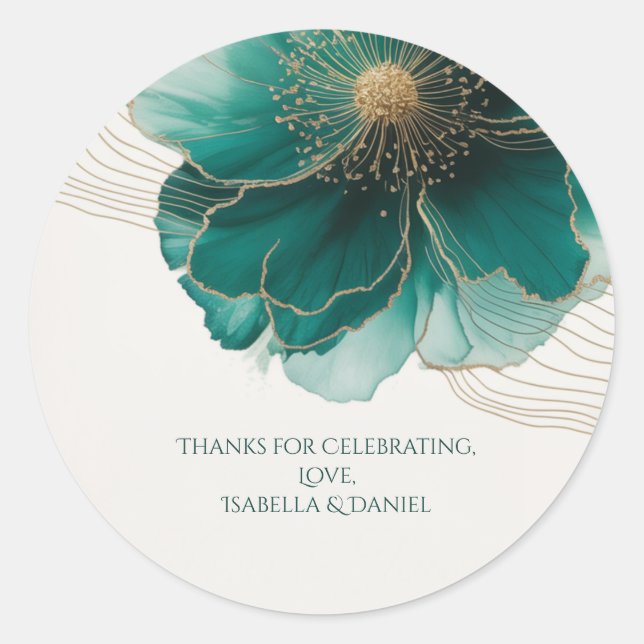 Beautiful Teal Floral Gold Wedding Classic Round Sticker (Front)