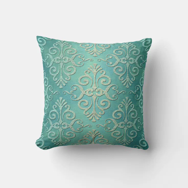 Beautiful Teal Green Distressed Damask Throw Pillow | Zazzle