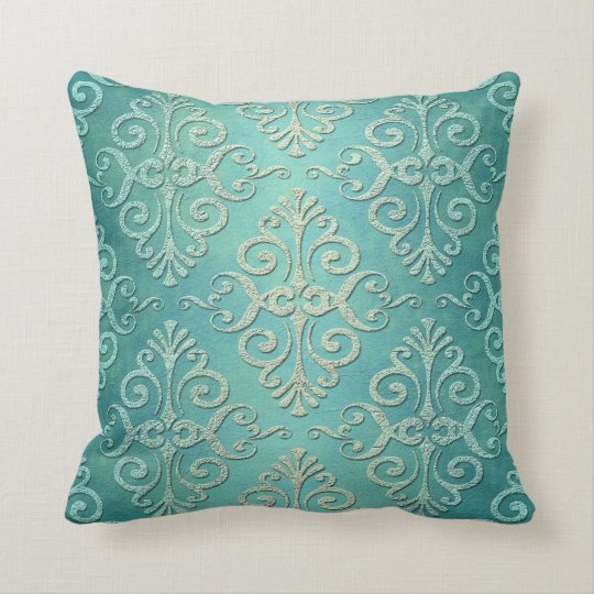 Beautiful Teal Green Distressed Damask Throw Pillow