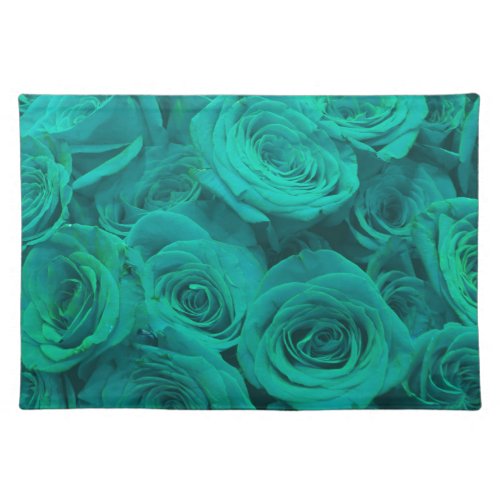 Beautiful teal green roses teal flowers  cloth placemat