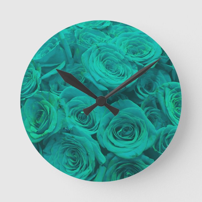 Beautiful teal green roses, teal flowers  round clock (Front)