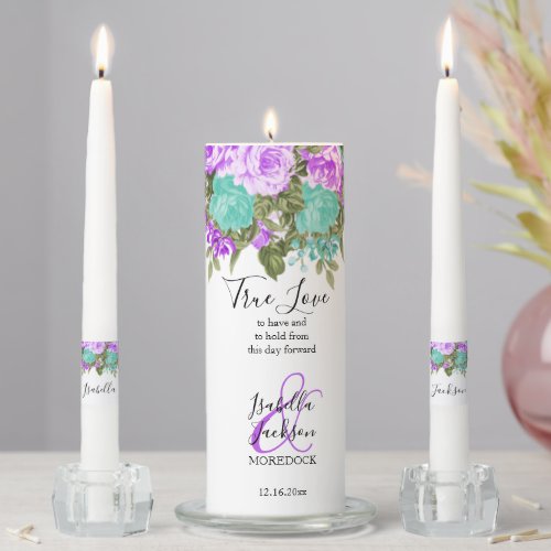 Beautiful Teal  Lavender Floral Wedding  Unity Candle Set
