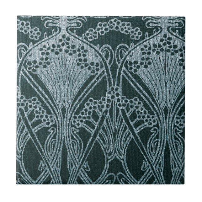 Beautiful,teal silver,art nouveau pattern,floral,m ceramic tile (Front)
