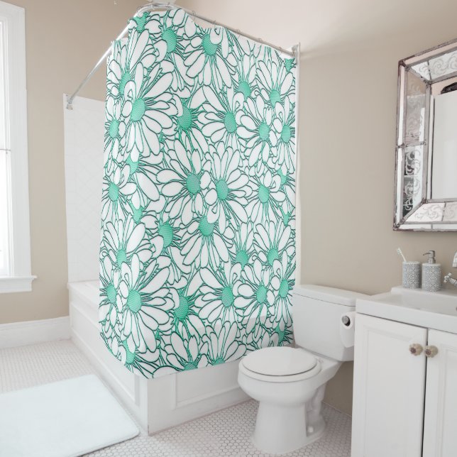 Beautiful Teal & White Floral Shower Curtain (In Situ)