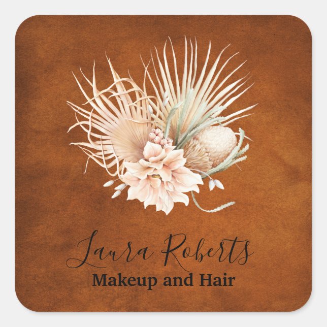 Beautiful Terracotta Boho Floral Pampas Business Square Sticker (Front)
