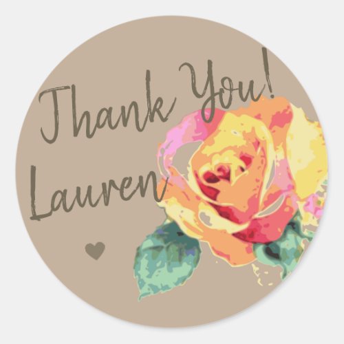 Beautiful Thank You Watercolor Rose Signature Cute Classic Round Sticker