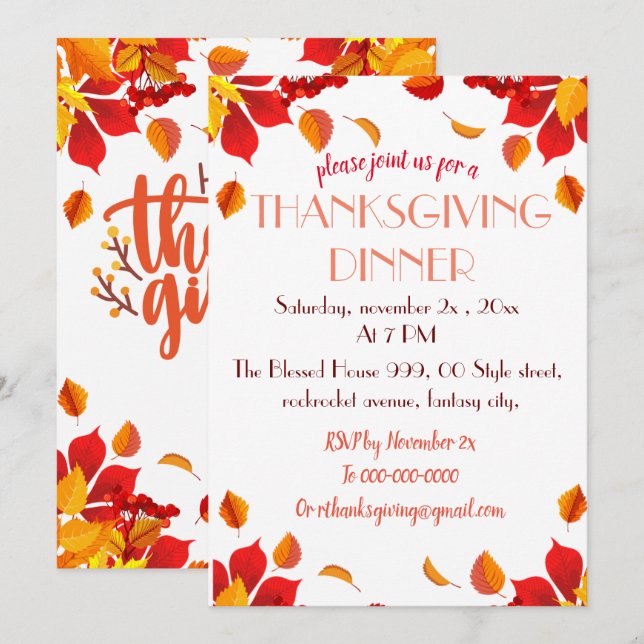 Beautiful Thanksgiving Autumn leaves Invitation (Front/Back)