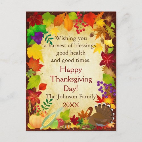 Beautiful Thanksgiving Harvest Postcard