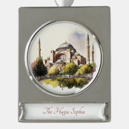 Beautiful The Hagia Sophia Watercolor Painting Silver Plated Banner Ornament