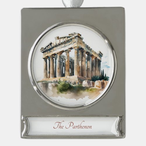 Beautiful The Parthenon Watercolor Painting Silver Plated Banner Ornament
