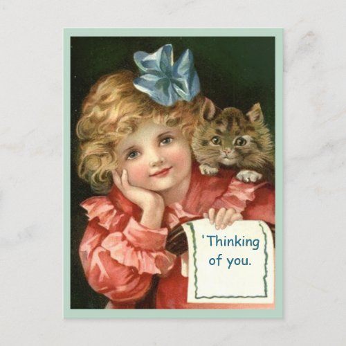 Beautiful Thinking of You Vintage Girl  Cat copy  Postcard