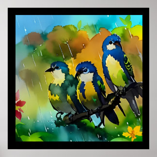 Beautiful Three Colorful Birds Sitting On Branch I Poster