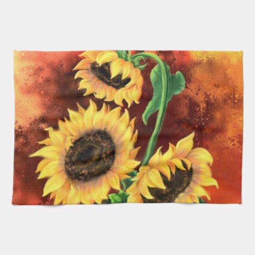 Beautiful Three Sunflowers  Kitchen Towel Painting