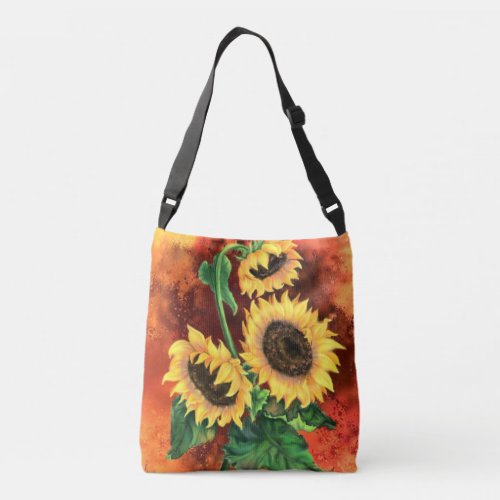 Beautiful Three Sunflowers _ Migned Art Painting Crossbody Bag
