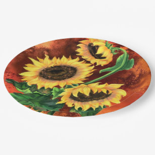 Beautiful Three Sunflowers - Migned Art Painting Paper Plates