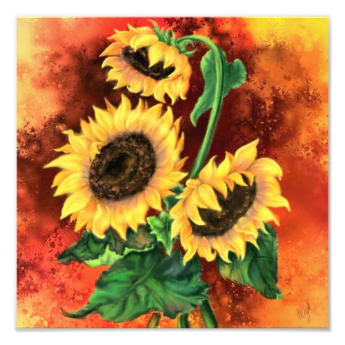 Beautiful Three Sunflowers _ Migned Art Painting Photo Print