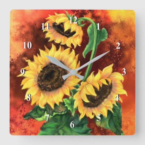 Beautiful Three Sunflowers _ Migned Art Painting Square Wall Clock