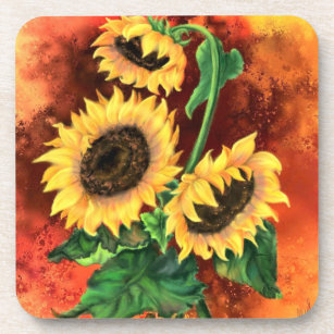 Beautiful Three Sunflowers - Migned Painting Art Beverage Coaster