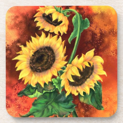 Beautiful Three Sunflowers _ Migned Painting Art Beverage Coaster