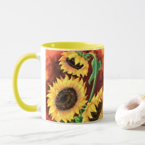 Beautiful Three Sunflowers _ Migned Painting Art _ Mug