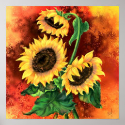 Beautiful Three Sunflowers Poster - Painting