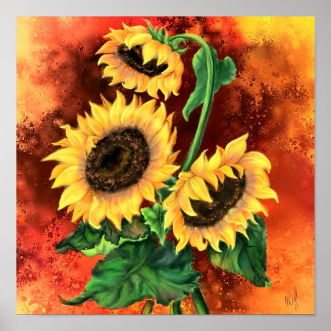 Beautiful Three Sunflowers Poster - Painting (Front)