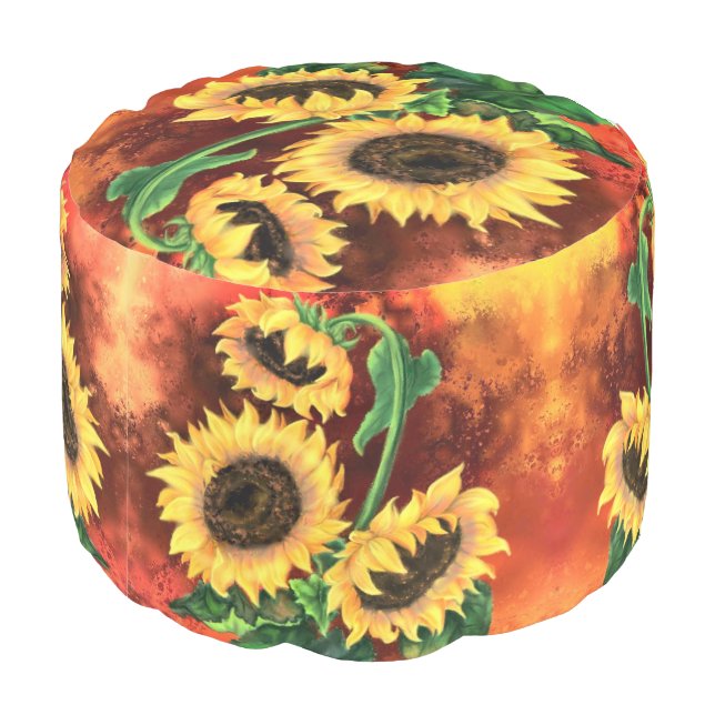 Beautiful Three Sunflowers Pouf Painting (Angled Back)