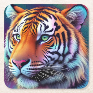 Beautiful Tie Dye Tiger Pattern AI Art Square Paper Coaster