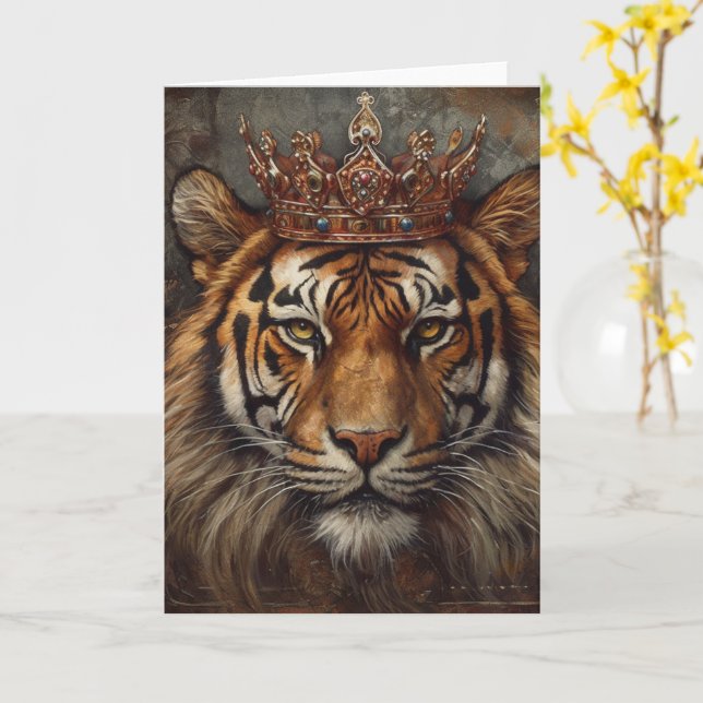 Beautiful Tiger Big Cat in a Crown all occasions Card (Yellow Flower)