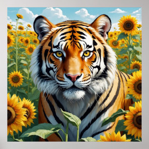 Beautiful Tiger in Sunflower Field Floral Poster