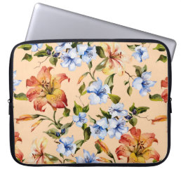 Beautiful tiger lilies and small blue flowers on t laptop sleeve