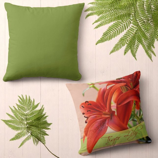 Beautiful Tiger Lily Flower Close-Up Photograph Throw Pillow (throw pillow floral one side solid matching color opposing side)