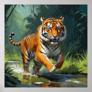 Beautiful Tiger Running in the Jungle Painting Poster