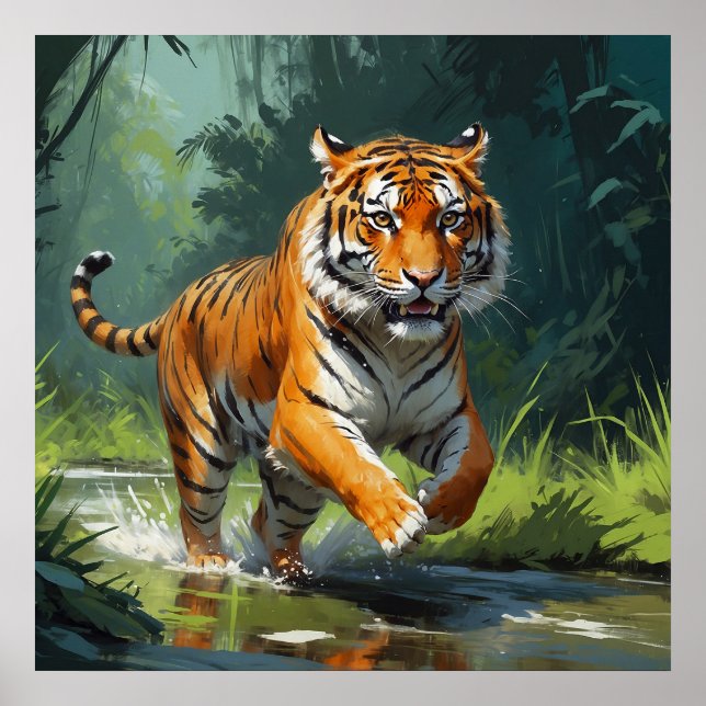 Beautiful Tiger Running in the Jungle Painting Poster (Front)